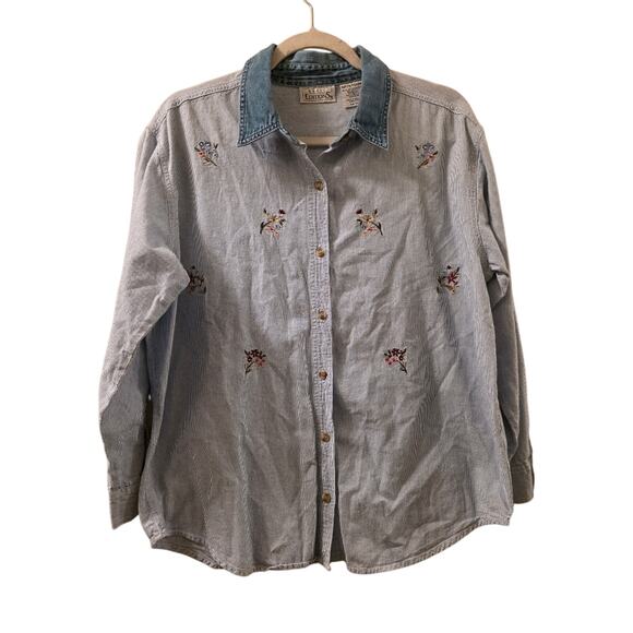 Vtg 90s Womens Floral Embroidered Stripped Denim Shirt Button Down Size M Boho - Picture 1 of 7